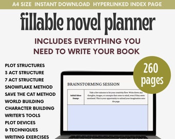 Fillable novel planner, how to write a book, author  novel writing planner, novel  plotting writing guide, digital fillable character sheet