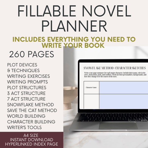 Fillable novel planner, how to write a book, author  novel writing planner, novel  plotting writing guide, digital fillable character sheet