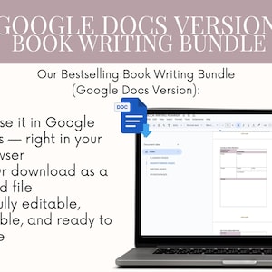 K&ouml;nnte beinhalten: Ein Laptop zeigt eine Google Docs-Vorlage zum Schreiben von B&uuml;chern. Der Text oben lautet "GOOGLE DOCS VERSION BOOK WRITING BUNDLE". Das Bild enth&auml;lt den Text "Our Bestselling Book Writing Bundle (Google Docs Version)." Der Text besagt auch, dass es in Google Docs verwendet oder als Word-Datei heruntergeladen werden kann.