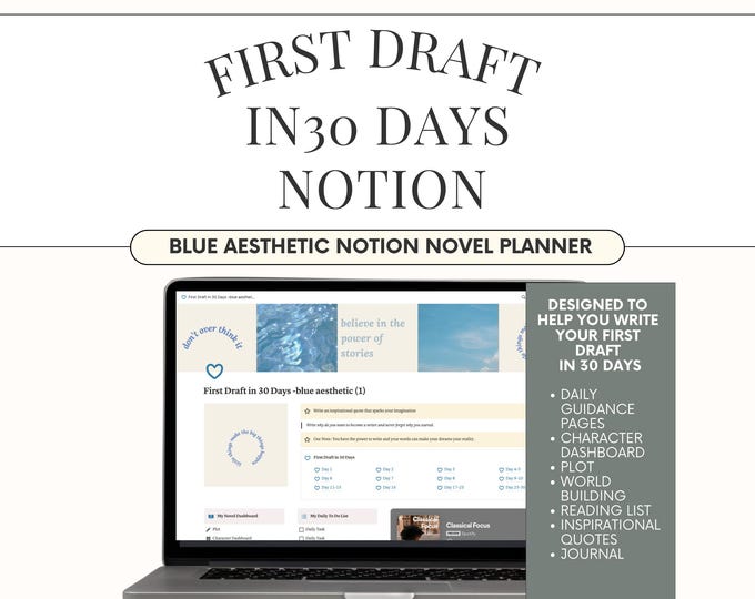 First Draft in 30 Days Notion Template- Blue Aesthetic