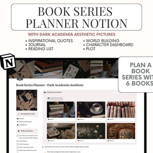 以下が含まれることがあります： ダークアカデミアの美学を取り入れたNotionのページ。ページのタイトルは「Book Series Planner - Dark Academia Aesthetic」で、インスピレーションを与える引用、ジャーナルエントリー、読書リスト、世界構築、キャラクターのダッシュボード、プロットの概要など、さまざまなセクションが含まれています。ページは、本、花、図書館の画像で飾られています。