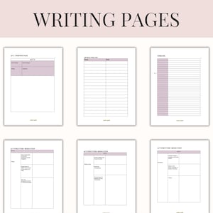 Pu&ograve; includere: Sei pagine di scrittura con un'intestazione rosa chiaro e uno sfondo bianco. Le pagine includono modelli per l'Atto 1, elenchi di personaggi, cronologie e risoluzione della struttura dell'atto. Il testo "WRITING PAGES" &egrave; in alto.