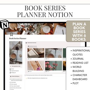 May include: A Notion page titled "Book Series Planner" with a screenshot of a book series planner template. The template includes sections for inspirational quotes, journaling, reading lists, world building, character dashboards, and plot outlines. The page also includes a section for work-life balance.