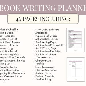 K&ouml;nnte beinhalten: Ein Buch-Writing-Planer mit einem hellvioletten und wei&szlig;en Design. Auf dem Cover steht "BOOK WRITING PLANNER" und listet 46 Seiten auf, darunter Checklisten, Schreibaufforderungen und Story-Planungstools. Der Planer soll Autoren helfen, ihre Gedanken zu ordnen.