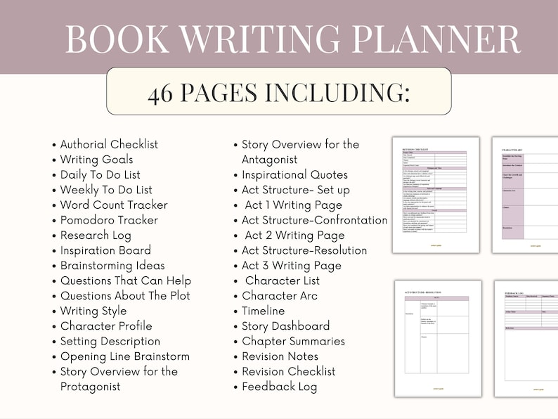 K&ouml;nnte beinhalten: Ein Buch-Writing-Planer mit einem hellvioletten und wei&szlig;en Design. Auf dem Cover steht "BOOK WRITING PLANNER" und listet 46 Seiten auf, darunter Checklisten, Schreibaufforderungen und Story-Planungstools. Der Planer soll Autoren helfen, ihre Gedanken zu ordnen.
