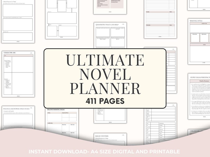 May include: A collage of printable pages for a novel planner. The pages are white with black text and lines. The text in the centre of the image reads "Ultimate Novel Planner 411 Pages".