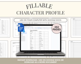 Cuaderno de trabajo de perfil de personaje: herramientas de preparación de novelas, retrato de personaje (Documentos de Google rellenables)