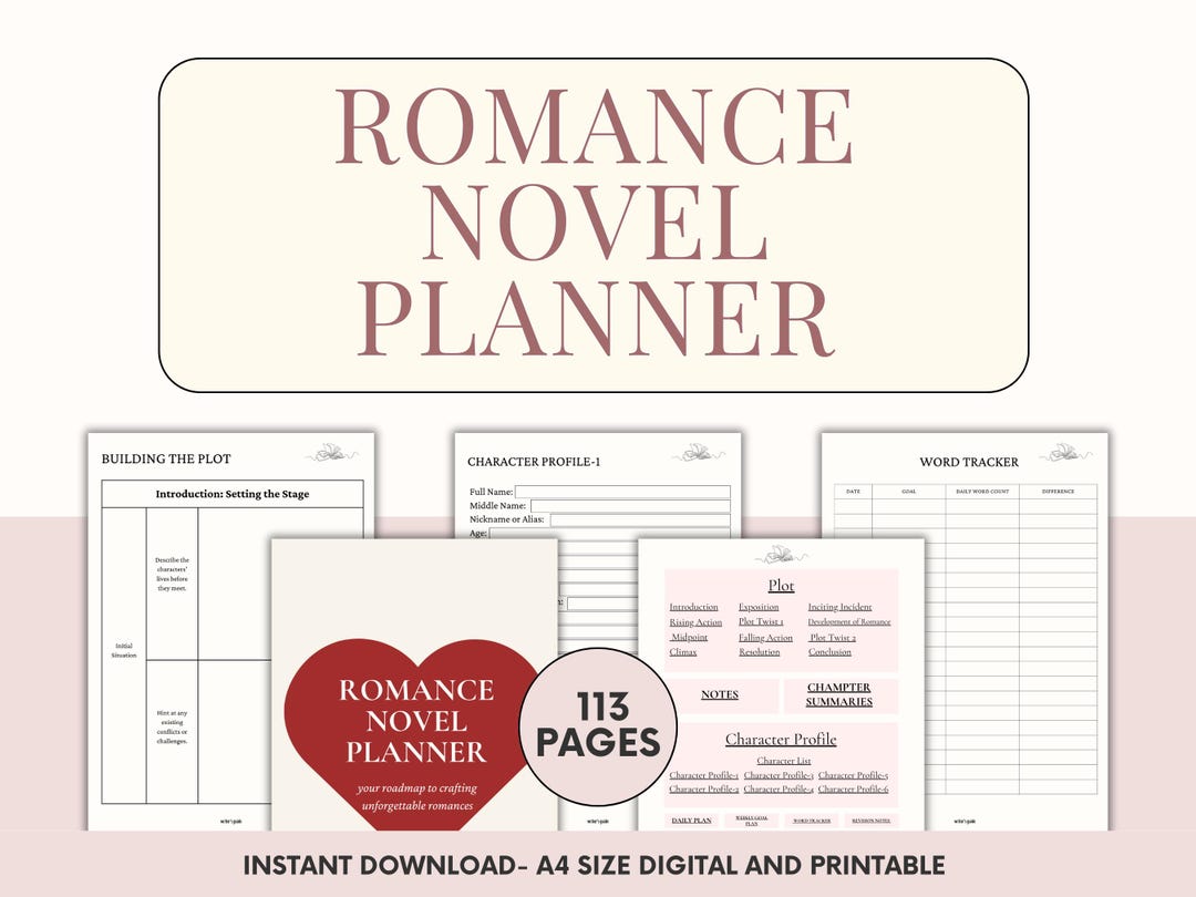 Romance Novel Planner Love Book Story Template, Plot Outline for Book