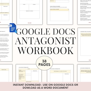May include: A digital workbook titled "Google Docs Antagonist Workbook" with 38 pages. The cover features the title in large black letters, with the Google Docs logo. The workbook is designed for use with Google Docs or as a Word document.