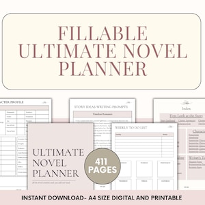 Może przedstawiać: Cyfrowy, drukowany planer powieści z 411 stronami. Planer zawiera sekcje na profile postaci, pomysły na historie, cotygodniowe listy rzeczy do zrobienia i indeks. Planer został zaprojektowany, aby pomóc pisarzom w organizacji procesu pisania powieści.