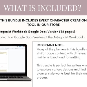 May include: A laptop displaying a Google Docs document, part of a bundle including character creation tools. Text includes "Antagonist Workbook" and "Important Note" about planner content and formatting.