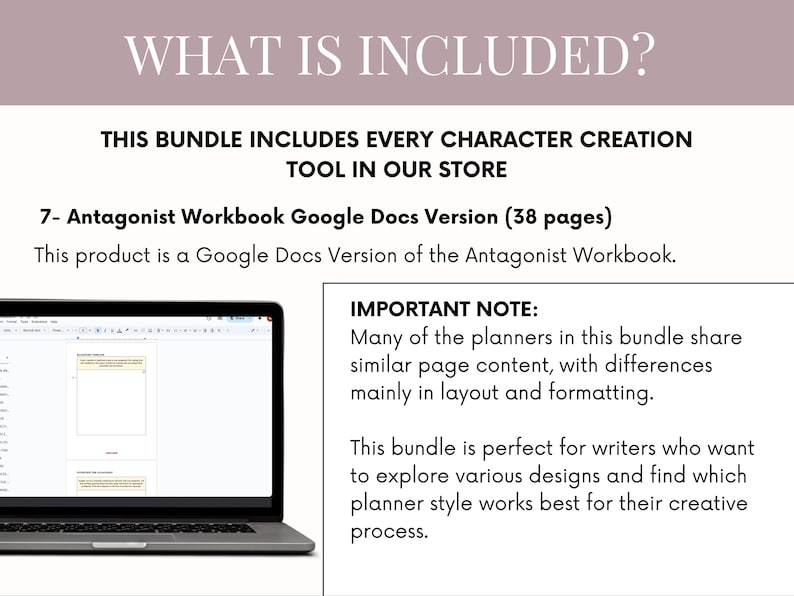 May include: A laptop displaying a Google Docs document, part of a bundle including character creation tools. Text includes "Antagonist Workbook" and "Important Note" about planner content and formatting.