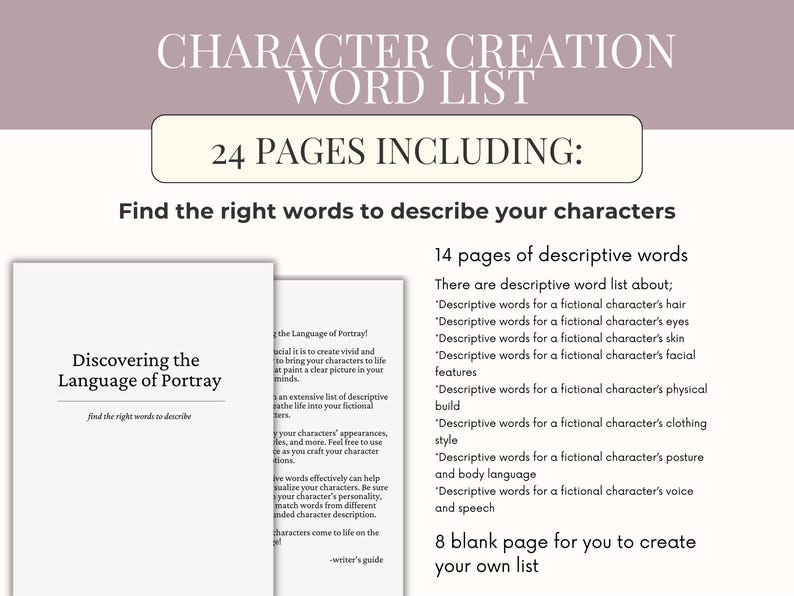 May include: A character creation word list with the title "Character Creation Word List" and the text "24 Pages Including: Find the right words to describe your characters." Includes 14 pages of descriptive words and 8 blank pages.