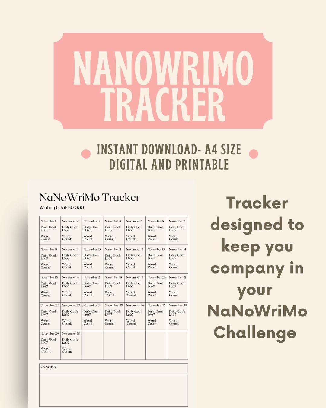 Nanowrimo Word Count Tracker, Printable Tracker for Nanowrimo, Word