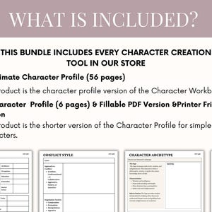 May include: Image of a bundle of character creation tools. Text at the top reads "WHAT IS INCLUDED?" and "THIS BUNDLE INCLUDES EVERY CHARACTER CREATION TOOL IN OUR STORE." The bundle includes a 56-page Ultimate Character Profile and a 6-page Character Profile.