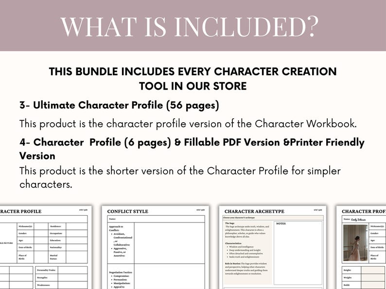 May include: Image of a bundle of character creation tools. Text at the top reads "WHAT IS INCLUDED?" and "THIS BUNDLE INCLUDES EVERY CHARACTER CREATION TOOL IN OUR STORE." The bundle includes a 56-page Ultimate Character Profile and a 6-page Character Profile.