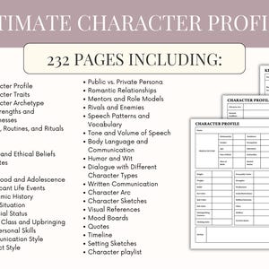K&ouml;nnte beinhalten: Eine digitale Charakterprofilvorlage mit dem Text "ULTIMATE CHARACTER PROFILE" und "232 PAGES INCLUDING:" listet Themen wie Charaktereigenschaften, Ziele und Kommunikationsstil auf. Enth&auml;lt Beispielprofilbl&auml;tter.