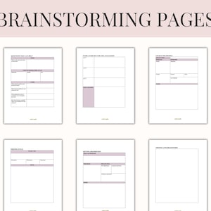 Pu&ograve; includere: Un set di sei pagine di brainstorming stampabili con l'intestazione rosa chiaro "BRAINSTORMING PAGES". Ogni pagina ha uno sfondo bianco con bordi viola chiaro e caselle di testo per le note. Le pagine sono progettate per la scrittura creativa e lo sviluppo di storie.