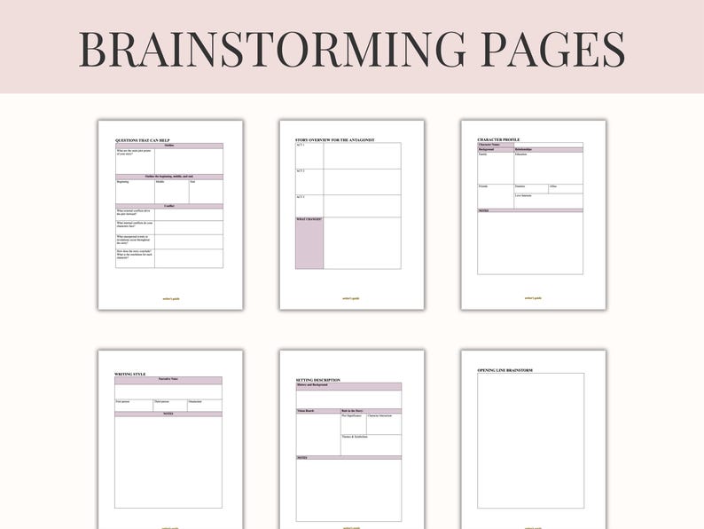 Pu&ograve; includere: Un set di sei pagine di brainstorming stampabili con l'intestazione rosa chiaro "BRAINSTORMING PAGES". Ogni pagina ha uno sfondo bianco con bordi viola chiaro e caselle di testo per le note. Le pagine sono progettate per la scrittura creativa e lo sviluppo di storie.