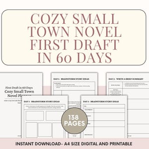 Peut inclure: Un planificateur de roman numérique et imprimable avec le texte "COZY SMALL TOWN NOVEL FIRST DRAFT IN 60 DAYS". Le planificateur comprend des pages pour le brainstorming et la rédaction d'un bref résumé. Il est téléchargeable instantanément, au format A4 et compte 138 pages.