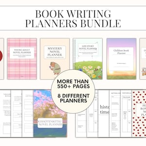 Może przedstawiać: Zestaw planerów do pisania książek z różnymi okładkami, w tym czerwone serce dla romansu, różowa krata dla young adult i detektyw dla kryminału. Zestaw zawiera ponad 550 stron i 8 różnych planerów.
