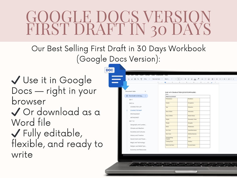 Novel writing workbook Google Docs, Word Novel planner, Story outline book planner, 30 days of writing plot planner, Novel in a month