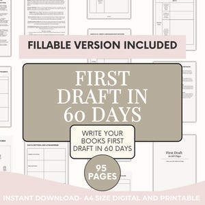 Puede incluir: Planificador de escritura digital con el texto "First Draft in 60 Days". El planificador incluye páginas rellenables y está diseñado para ayudar a los escritores a completar su primer borrador. El planificador tiene 95 páginas y tamaño A4.