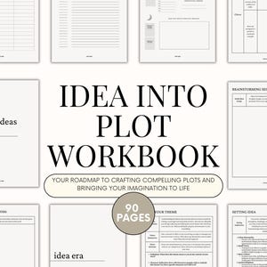 Può includere: Un quaderno di lavoro in bianco e nero intitolato "Idea Into Plot Workbook: Your Roadmap to Crafting Compelling Plots and Bringing Your Imagination to Life". Il quaderno di lavoro ha 90 pagine e presenta una varietà di fogli di lavoro e suggerimenti per aiutare gli scrittori a sviluppare le loro idee.