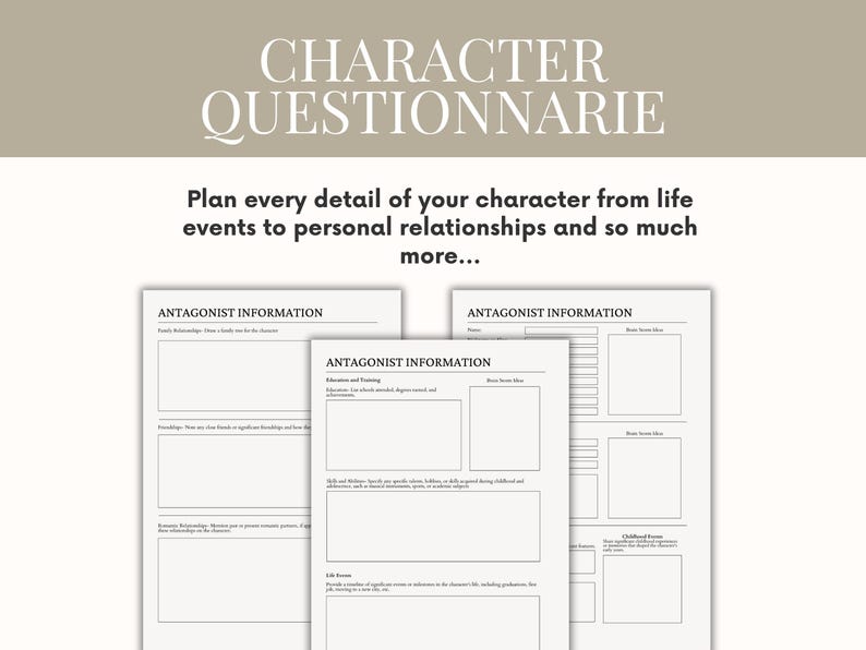 Novel Planner Writing Worksheets Novel Template Author Planner Writing Template Novel Workbook Writing Workbook Character Profiles Book Writing Planner Novel Outline antagonist workbook villain planner character creation