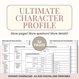 Detailed character profile, Printable character sheet, Character template, Character planner, Character portrait workbook, Novel prep tools