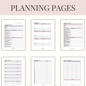 Pu&ograve; includere: Pagine di pianificazione stampabili con un'intestazione rosa tenue che recita "PLANNING PAGES". Le pagine includono sezioni per la definizione degli obiettivi, elenchi di cose da fare e monitoraggio del conteggio delle parole, il tutto con un design minimalista e un colore di accento viola chiaro.