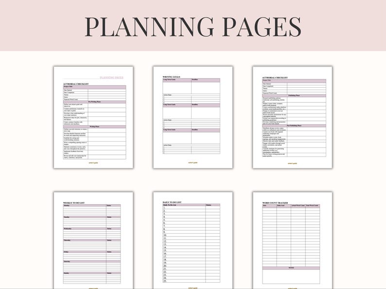 Pu&ograve; includere: Pagine di pianificazione stampabili con un'intestazione rosa tenue che recita "PLANNING PAGES". Le pagine includono sezioni per la definizione degli obiettivi, elenchi di cose da fare e monitoraggio del conteggio delle parole, il tutto con un design minimalista e un colore di accento viola chiaro.