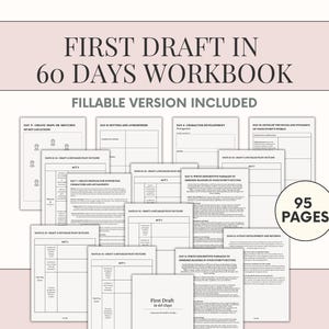 Może przedstawiać: Czarno-białe zdjęcie zeszytu ćwiczeń zatytułowanego "First Draft in 60 Days Workbook". Zeszyt jest podzielony na 95 stron z sekcjami na każdy dzień procesu pisania. Zeszyt został stworzony, aby pomóc pisarzom w stworzeniu pierwszej wersji roboczej ich powieści w ciągu 60 dni.