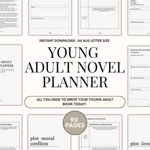 May include: A printable young adult novel planner with a black and white design. The planner has 90 pages and includes sections for character information, plot, moral conflicts, and love. The text "Young Adult Novel Planner" is in a large font at the top of the page.