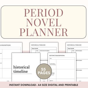 Op de afbeelding: Een digitale periode romanplanner met een crèmekleurige achtergrond. De titel "PERIOD NOVEL PLANNER" is in een mauve lettertype. De planner bevat pagina's voor omgevingsbeschrijvingen en historische tijdlijnen. De tekst "55 PAGES" staat in een cirkel. De tekst "DIRECT DOWNLOAD - A4 FORMAAT DIGITAAL EN PRINTBAAR" staat onderaan.