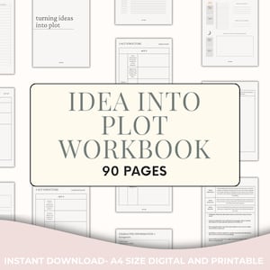 Puede incluir: Un cuaderno de trabajo imprimible titulado "Idea Into Plot Workbook" con 90 páginas. El cuaderno está diseñado para ayudar a los escritores a convertir sus ideas en una trama. La portada presenta un fondo rosa y blanco con una imagen en blanco y negro de una página del cuaderno.
