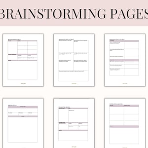 Pu&ograve; includere: Sei pagine bianche con modelli di brainstorming, ognuno con un layout diverso per organizzare le idee. Le pagine hanno un bordo e intestazioni rosa chiaro. Il titolo "BRAINSTORMING PAGES" &egrave; in alto in rosa scuro.