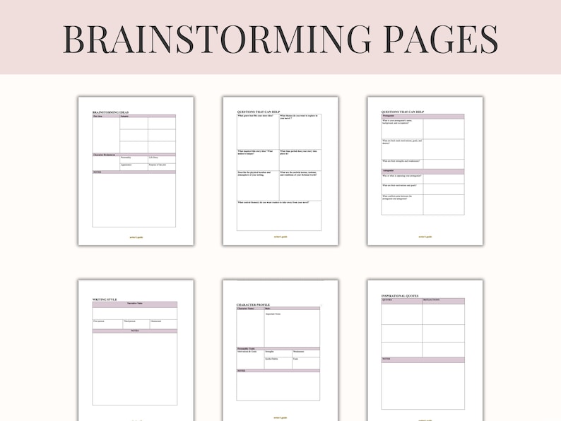 Pu&ograve; includere: Sei pagine bianche con modelli di brainstorming, ognuno con un layout diverso per organizzare le idee. Le pagine hanno un bordo e intestazioni rosa chiaro. Il titolo "BRAINSTORMING PAGES" &egrave; in alto in rosa scuro.