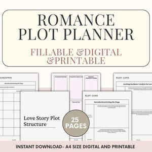 May include: A digital printable romance plot planner with 25 pages. The planner includes sections for plot breakdown, love story plot structure, introducing the stage, and inciting incident: catalyst for love.