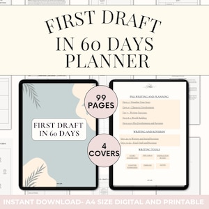 Puede incluir: Un planificador digital con una portada azul y blanca con el texto "First Draft in 60 Days Planner". El planificador tiene 99 páginas y 4 portadas. El planificador está diseñado para ayudar a los escritores a crear un primer borrador de su novela en 60 días.