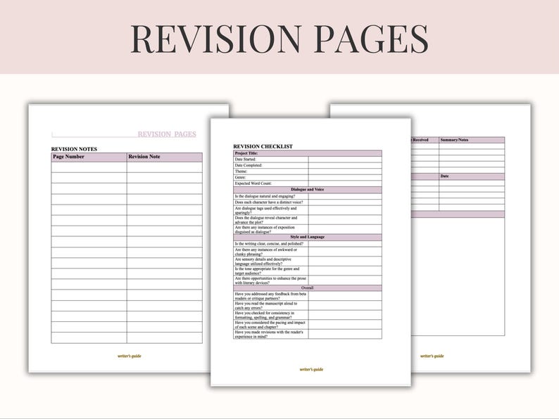 Pu&ograve; includere: Tre pagine di revisione bianche con accenti rosa. La pagina superiore &egrave; etichettata "Note di revisione" con colonne per i numeri di pagina e le note. La pagina centrale &egrave; una "Lista di controllo della revisione". Il testo in alto recita "Pagine di revisione".