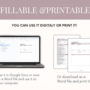 K&ouml;nnte beinhalten: Bild eines Laptops mit einem Dokument, zusammen mit gedruckten Checklisten und Charakterprofilen. Der Text lautet "FILLABLE & PRINTABLE" und "YOU CAN USE IT DIGITALLY OR PRINT IT!" Anweisungen zur digitalen Nutzung in Google Docs oder als Word-Datei.