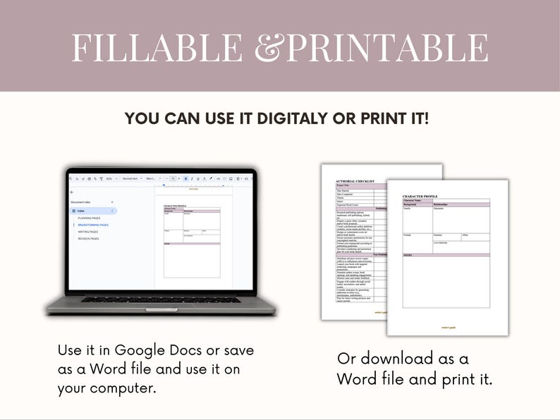 K&ouml;nnte beinhalten: Bild eines Laptops mit einem Dokument, zusammen mit gedruckten Checklisten und Charakterprofilen. Der Text lautet "FILLABLE & PRINTABLE" und "YOU CAN USE IT DIGITALLY OR PRINT IT!" Anweisungen zur digitalen Nutzung in Google Docs oder als Word-Datei.