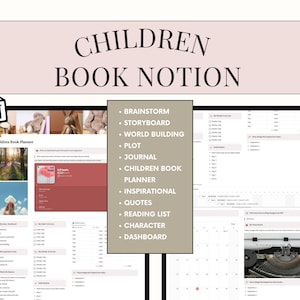 Notion for Children Book Planner, modèle d'écriture de livre pour enfants d'auteur Notion, planificateur de livre d'histoires Notion, plan de roman de story-board de livre