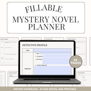 May include: A laptop computer displaying a printable mystery novel planner with 44 pages. The planner includes sections for detective profile, suspect profile, victim profile, timeline, setting imagery, and story dashboard.
