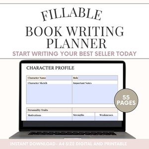 Może przedstawiać: Laptop wyświetla wypełnialny planer pisania książek z szablonem profilu postaci. Ekran pokazuje pola na imię postaci, szkic, rolę i notatki. Tekst "Start Writing Your Best Seller Today" znajduje się nad laptopem.