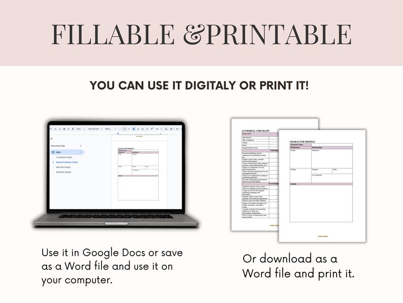 Pu&ograve; includere: L'immagine mostra un laptop che mostra un documento e due moduli stampabili. Il testo in alto recita "FILLABLE & PRINTABLE" e "YOU CAN USE IT DIGITALY OR PRINT IT!". Il testo in basso dice "Usalo in Google Docs o salvalo come file Word e usalo sul tuo computer."