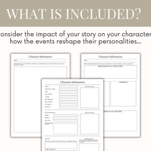 May include: Printable character development worksheet with sections for name, nickname, age, time of birth, gender, birthplace, occupation, physical appearance, family background, childhood events, personality at the start, changes, and personality at the end.