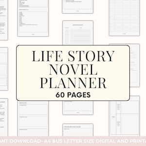 Może przedstawiać: Drukowany planer powieści o historii życia z 60 stronami. Planer został zaprojektowany, aby pomóc Ci zorganizować myśli i pomysły na napisanie powieści. Planer zawiera sekcje poświęcone rozwojowi postaci, zarysowi fabuły i budowaniu świata. Planer jest dostępny w rozmiarach A4 i amerykańskiej kartki.