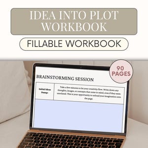 Könnte beinhalten: Ein Laptop-Computer zeigt ein Brainstorming-Arbeitsblatt mit dem Titel "Idea Into Plot Workbook". Das Arbeitsblatt hat einen Abschnitt für "Initial Idea Dump" und Anweisungen, um der Kreativität freien Lauf zu lassen. Der Laptop steht auf einer weißen Oberfläche mit einem beigen Sofa im Hintergrund. Der Text "90 Pages" befindet sich in einem rosa Kreis in der oberen rechten Ecke des Bildes.